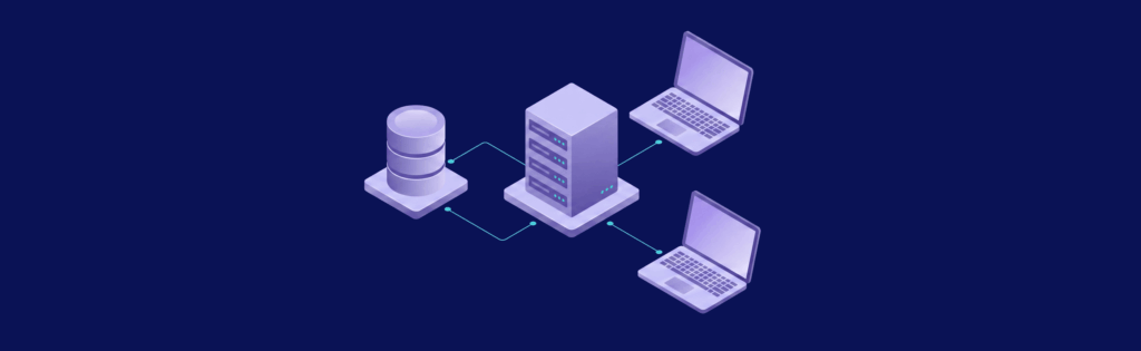 Isometric illustration of a server connected to a database and two laptops via lines, on a dark blue background.