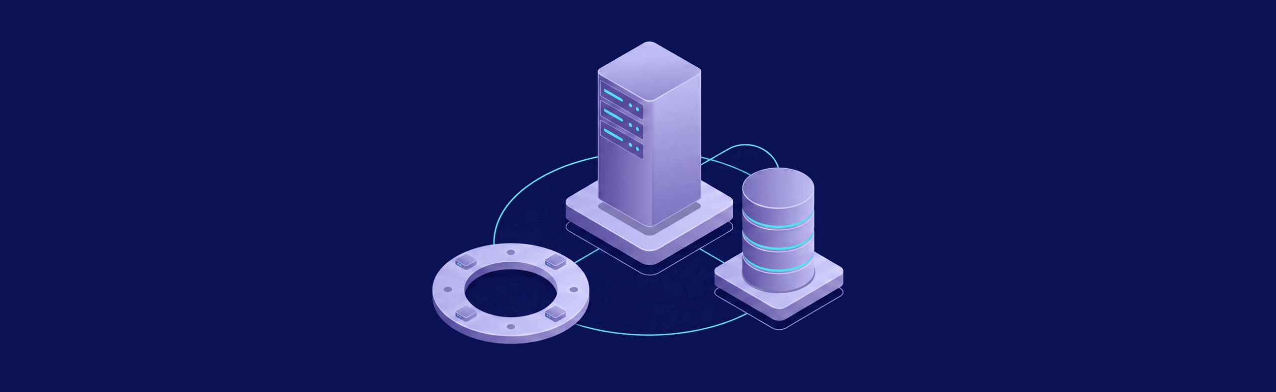 Isometric illustration of a server tower, cylindrical database, and circular network component connected by lines on a dark background.