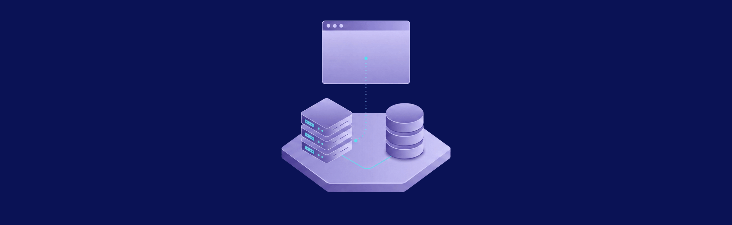 Illustration of a server, database, and browser window interconnected on a hexagonal platform against a dark blue background.