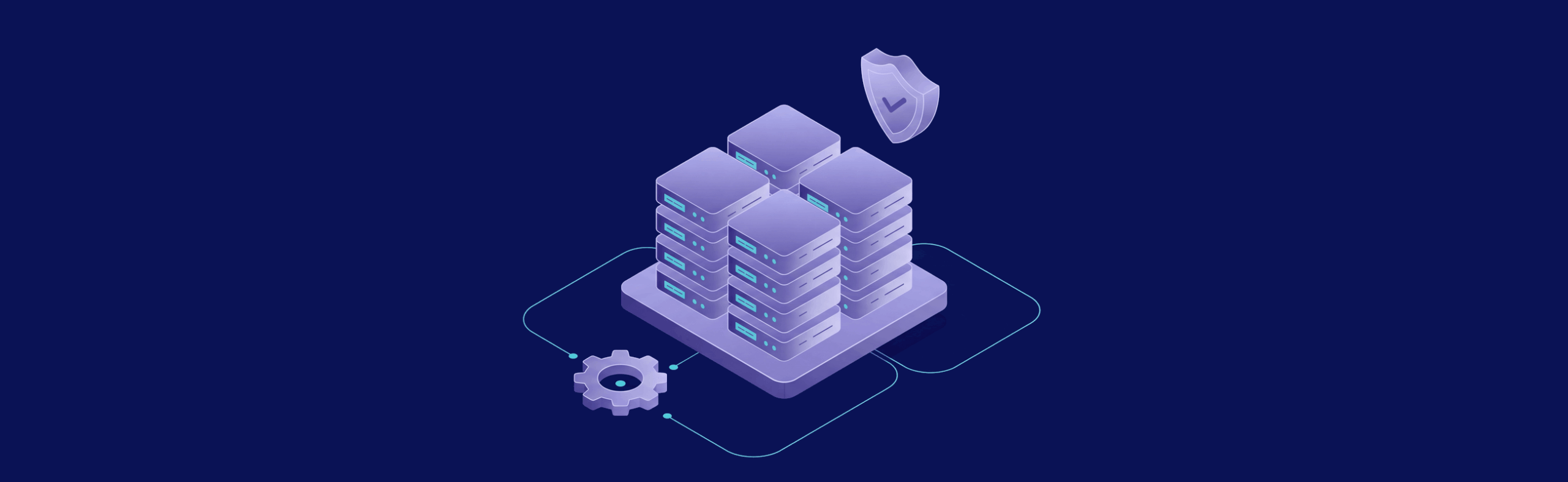 Isometric illustration of a server stack with a shield symbol above, connected to a gear, on a dark background.