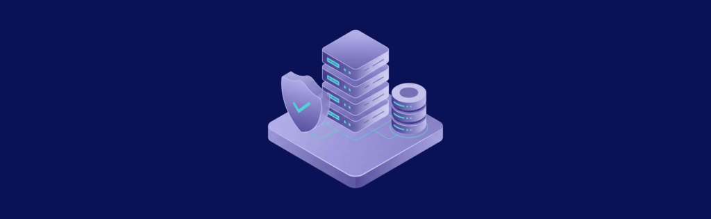 Isometric illustration of a server stack with a shield and checkmark, representing data security, on a dark blue background.