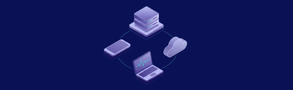 Isometric illustration of a server, smartphone, laptop, and cloud interconnected by arrows on a dark blue background.