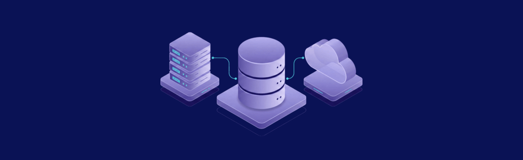 Illustration of a central server connected to a database and cloud storage, representing data management and connectivity.