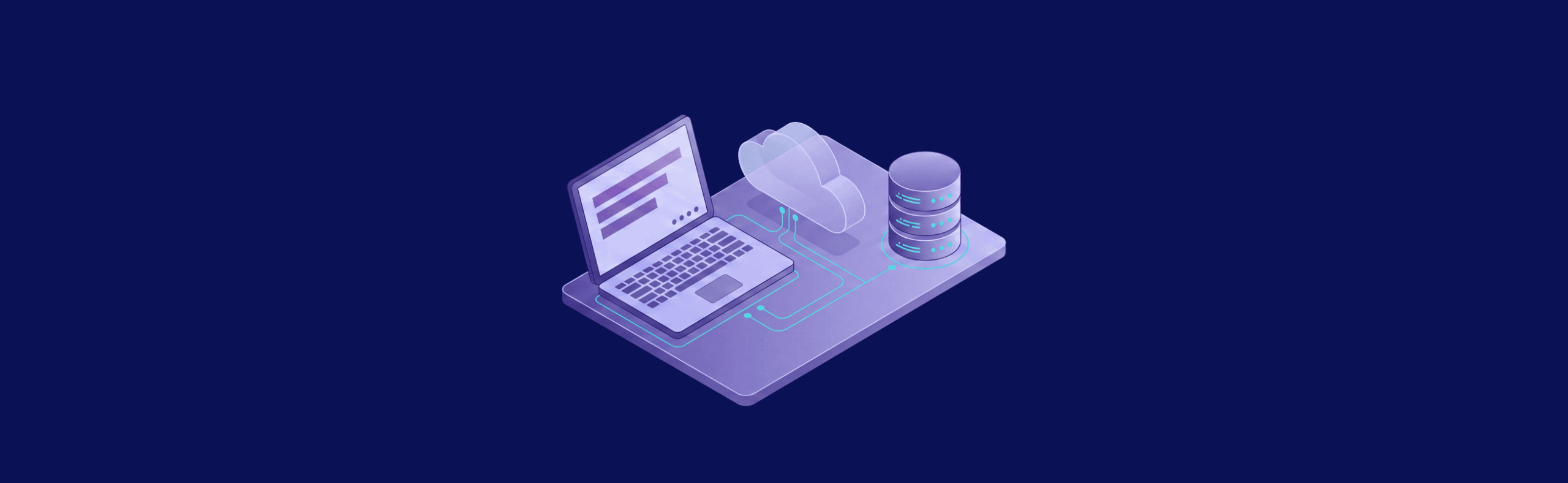 Isometric illustration of a laptop, cloud, and database server on a platform, representing cloud computing and data storage.