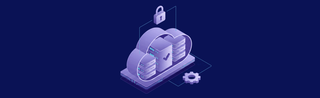 3D illustration of cloud computing with servers, a lock, and a gear symbolizing security and technology infrastructure.