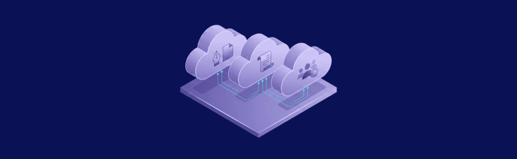 Three cloud icons on a platform, each with different symbols: a document, a folder, and a group of people.