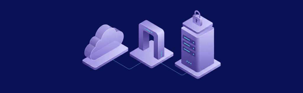 A 3D illustration of a server with a shield, heart monitor, and bell icons, symbolizing security and notifications.