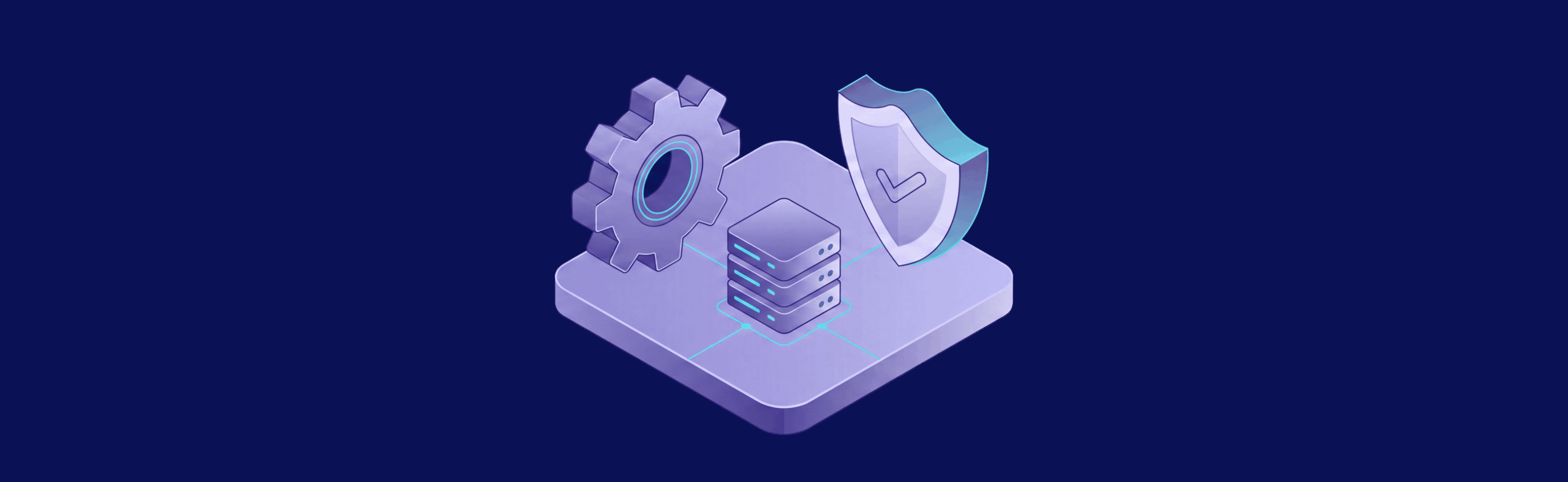 3D illustration of a gear, server stack, and shield with a checkmark on a purple platform, symbolizing cybersecurity.
