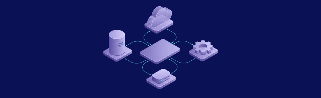 Isometric illustration of interconnected 3D shapes, including a cylinder, gear, and cloud, on a dark blue background.