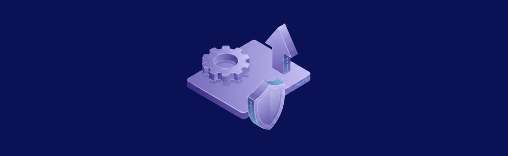 Purple 3D illustration of a gear, shield, and upward arrow on a dark blue background, symbolizing security and progress.