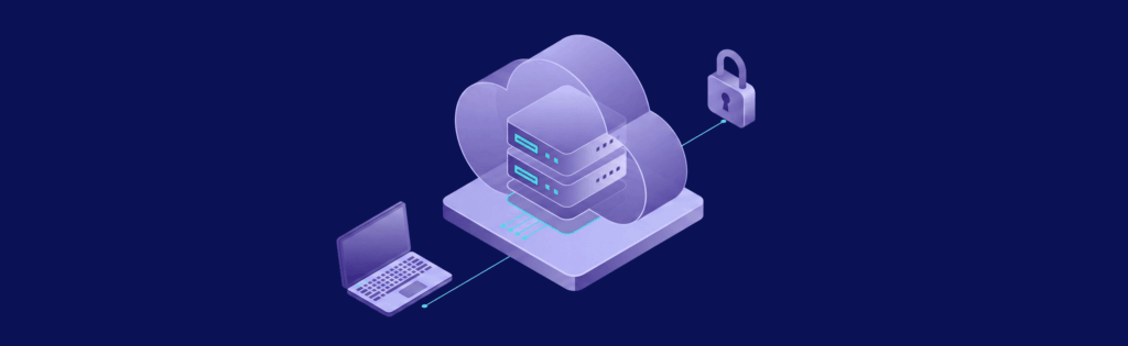 Laptop connected to cloud servers with a lock symbol, representing secure cloud computing and data protection.