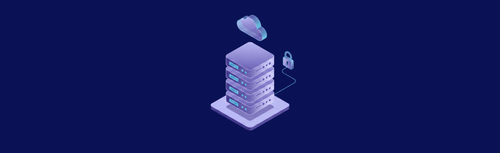 Stack of servers connected to a cloud and a padlock, symbolizing secure cloud data storage on a dark background.