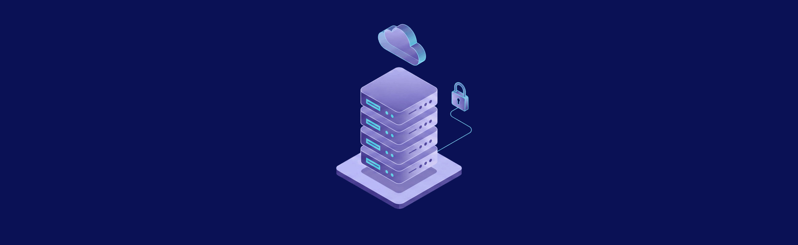 Stack of servers connected to a cloud and a padlock, symbolizing secure cloud data storage on a dark background.