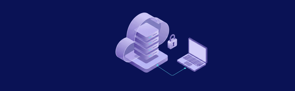 Cloud server connected to a laptop with a padlock symbol, representing secure data transfer on a dark blue background.