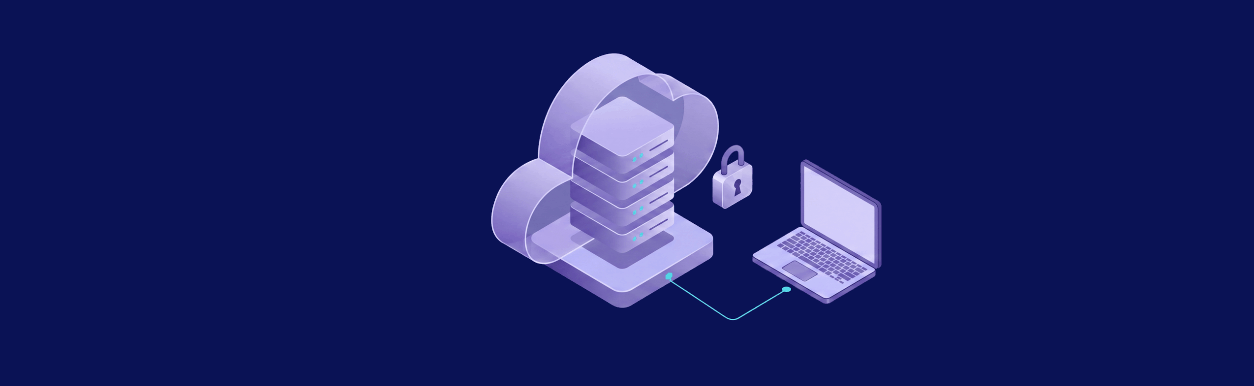 Cloud server connected to a laptop with a padlock symbol, representing secure data transfer on a dark blue background.