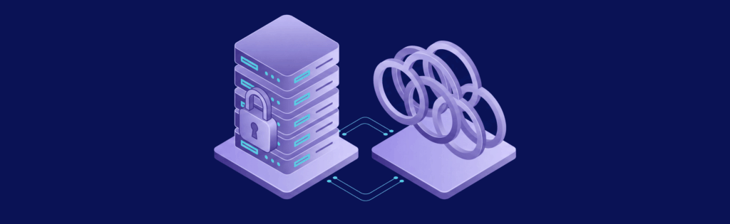 Isometric illustration of a secured server stack with a padlock connected to interlocking rings on a blue background.