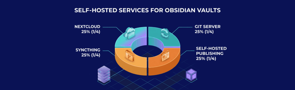3D pie chart titled "Self-Hosted Services for Obsidian Vaults" with sections: Nextcloud, Git Server, Syncthing, Self-Hosted Publishing, each 25%.