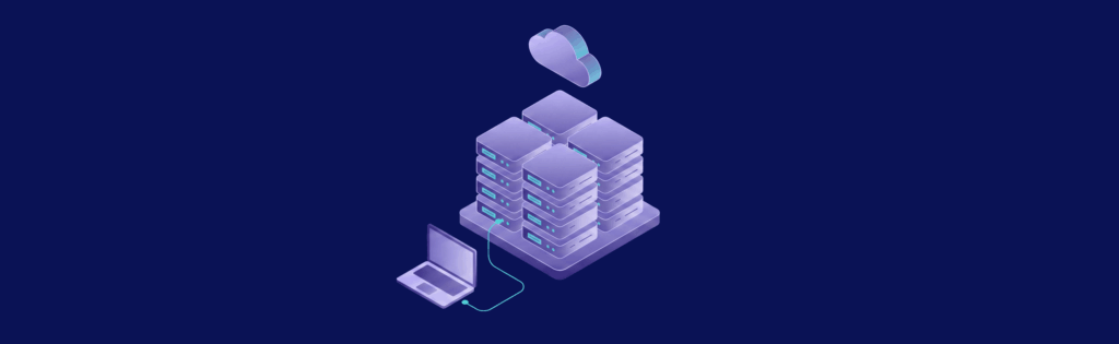 Isometric illustration of a laptop connected to stacked servers, with a cloud icon above, on a dark blue background.