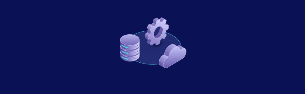 3D icons of a database, gear, and cloud connected by a circular line on a dark blue background.