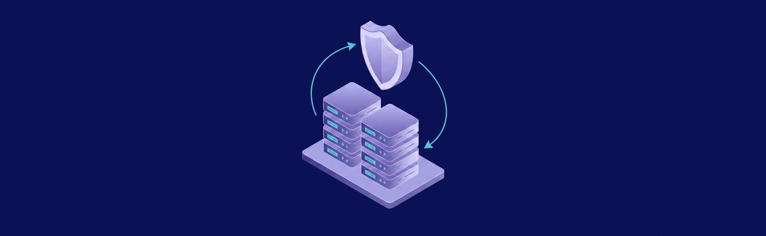 Illustration of a server stack with a shield above, connected by arrows, symbolizing data protection or cybersecurity.