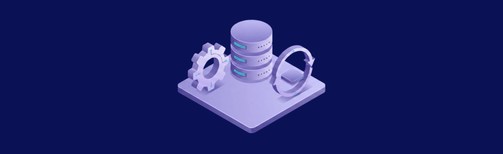3D illustration of a server stack, gear, and circular arrows on a platform, symbolizing data processing and synchronization.