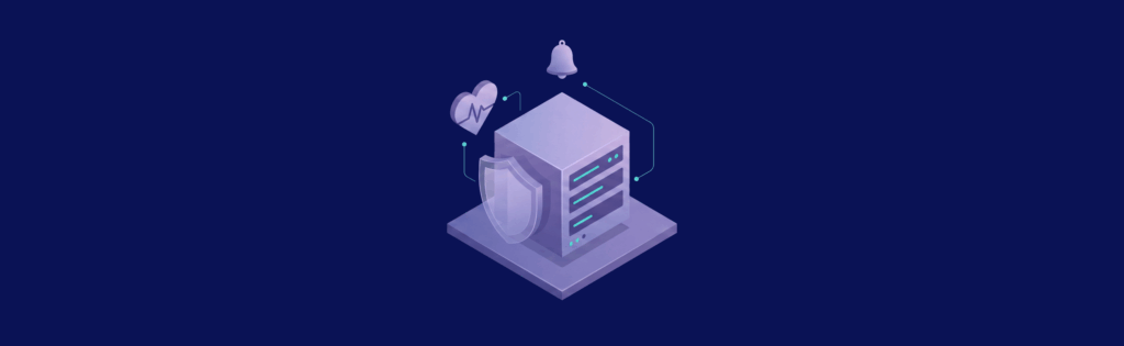 A 3D illustration of a server with a shield, heart monitor, and bell icons, symbolizing security and notifications.