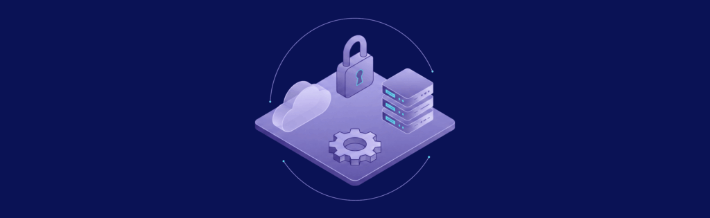 3D illustration of a cloud, padlock, servers, and gear on a platform, symbolizing cloud security and data management.