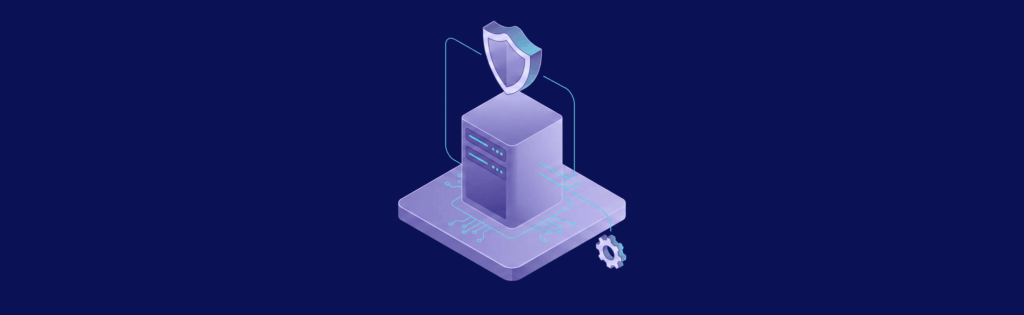A 3D illustration of a server with a shield on top, symbolizing cybersecurity, on a dark blue background.