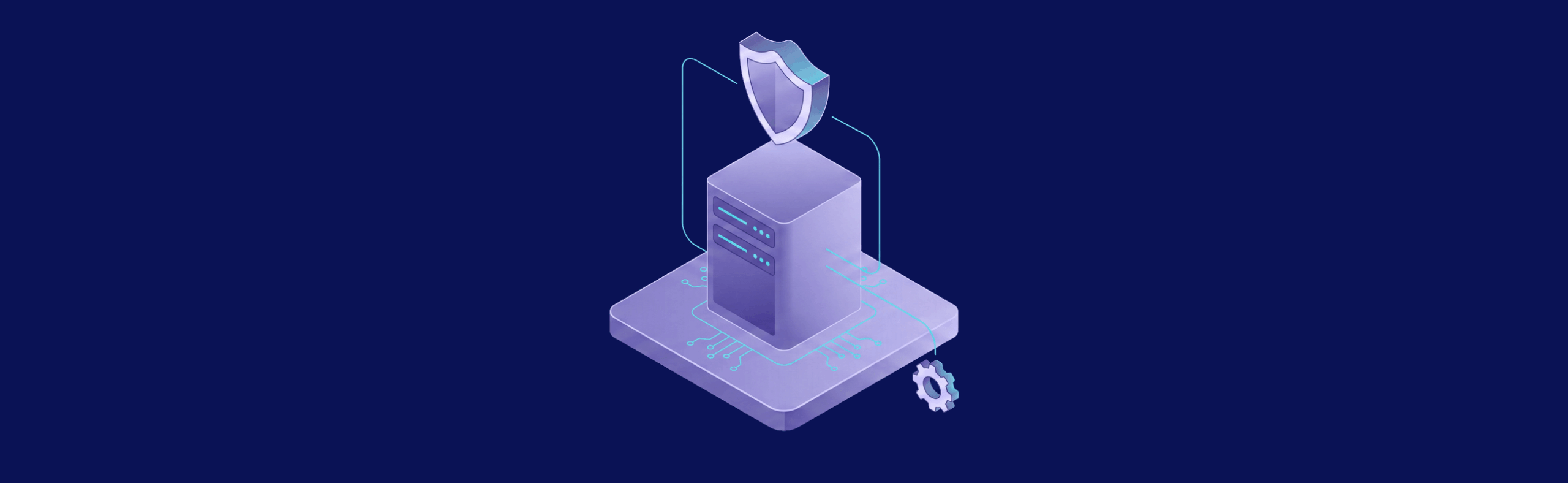 A 3D illustration of a server with a shield on top, symbolizing cybersecurity, on a dark blue background.