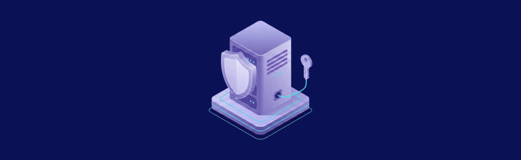 A 3D illustration of a server with a shield and a key connected, symbolizing data security on a dark background.