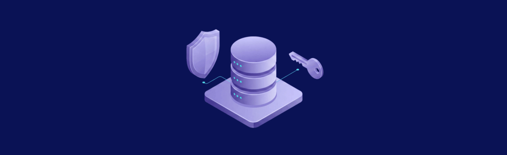 3D illustration of a database server with a shield and key, symbolizing data security and protection on a dark background.