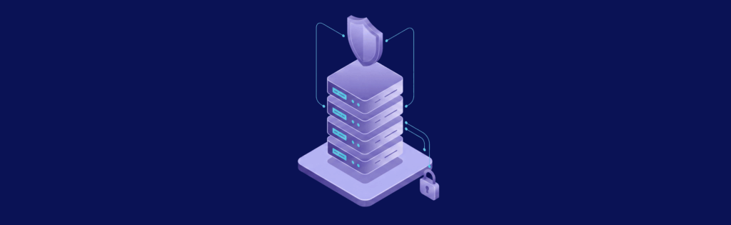 Illustration of stacked servers with a shield on top, connected by lines, and a padlock at the base.
