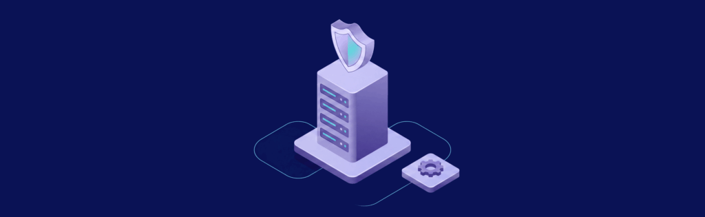 Isometric illustration of a server tower with a shield on top, symbolizing cybersecurity, on a dark blue background.