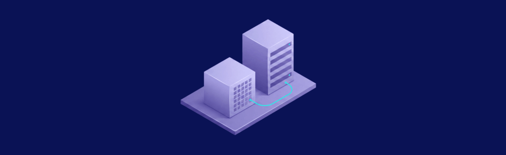 Two purple server buildings connected by a curved line on a dark blue background, illustrating data transfer or networking.