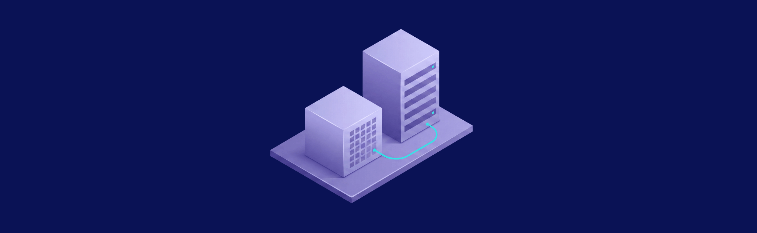 Two purple server buildings connected by a curved line on a dark blue background, illustrating data transfer or networking.