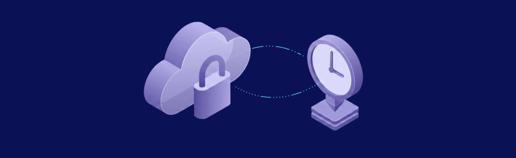 Cloud with a padlock connected to a clock by a dotted line, symbolizing secure data synchronization over time.