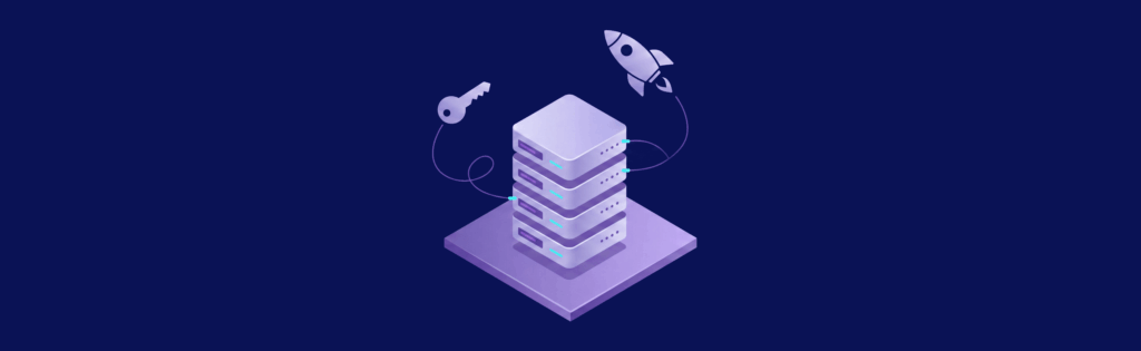 Stack of servers connected to a key and rocket icon, symbolizing security and innovation, on a dark blue background.