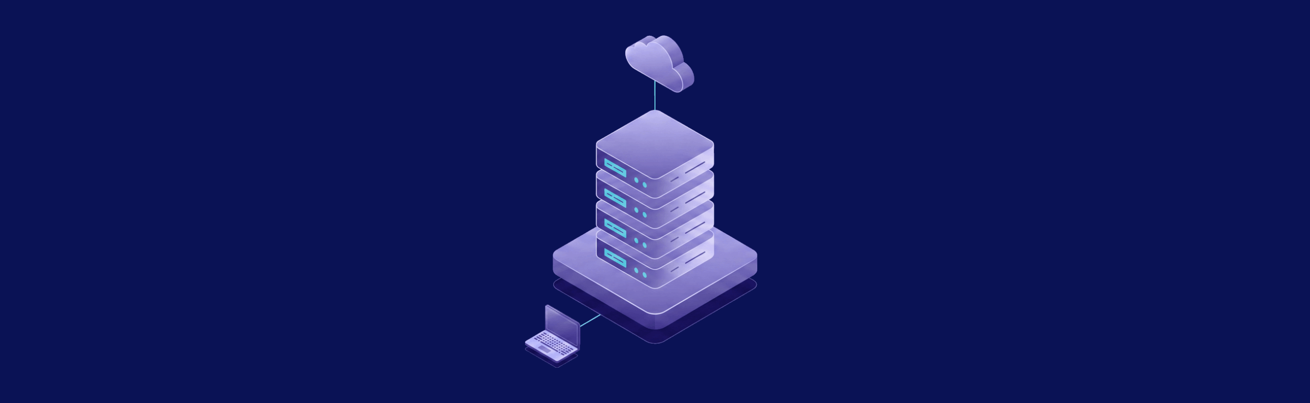 Isometric illustration of a cloud connected to a stack of servers, with a laptop linked below, on a dark background.