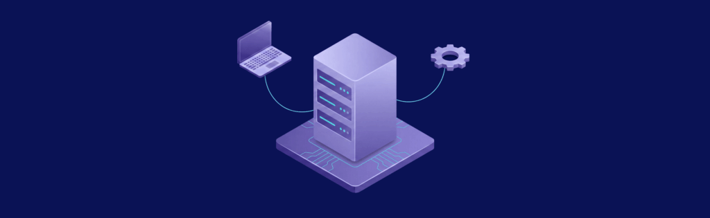 A 3D illustration of a server connected to a laptop and a gear, symbolizing data processing and technology integration.