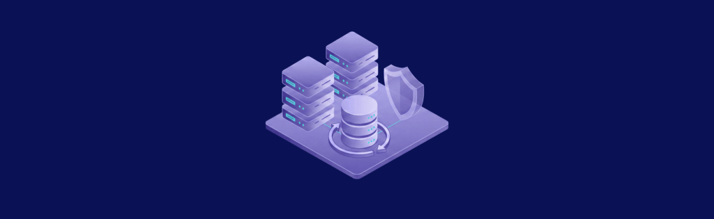 Three stacked server towers, a central database cylinder, and a shield icon on a dark blue background, symbolizing data security.