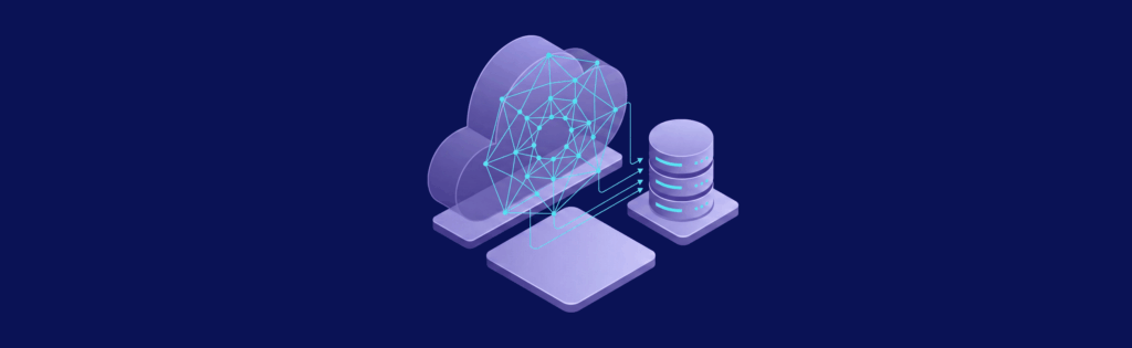 Digital illustration of cloud computing with a cloud, server, and interconnected geometric shapes on a dark blue background.