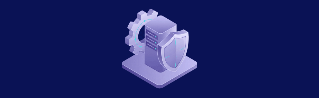 3D illustration of a server with a shield and gear, symbolizing cybersecurity and data protection on a dark blue background.