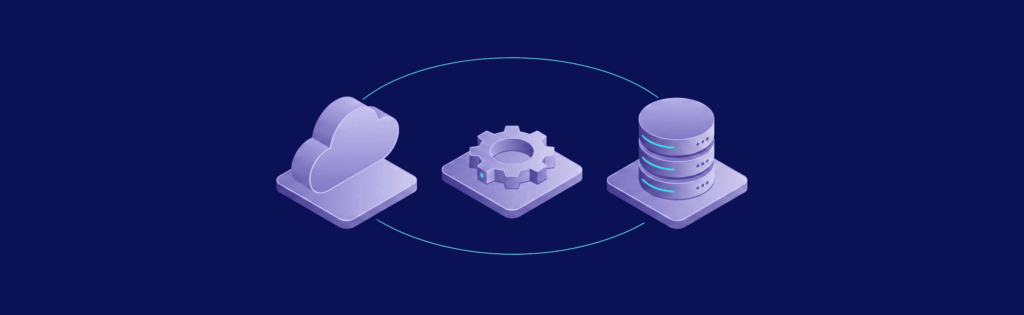 Cloud, gear, and database icons connected by a circular arrow on a dark blue background, representing data integration.