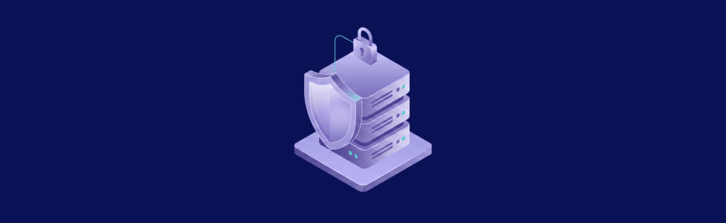 Illustration of a server stack with a shield and padlock, symbolizing data security, on a dark blue background.
