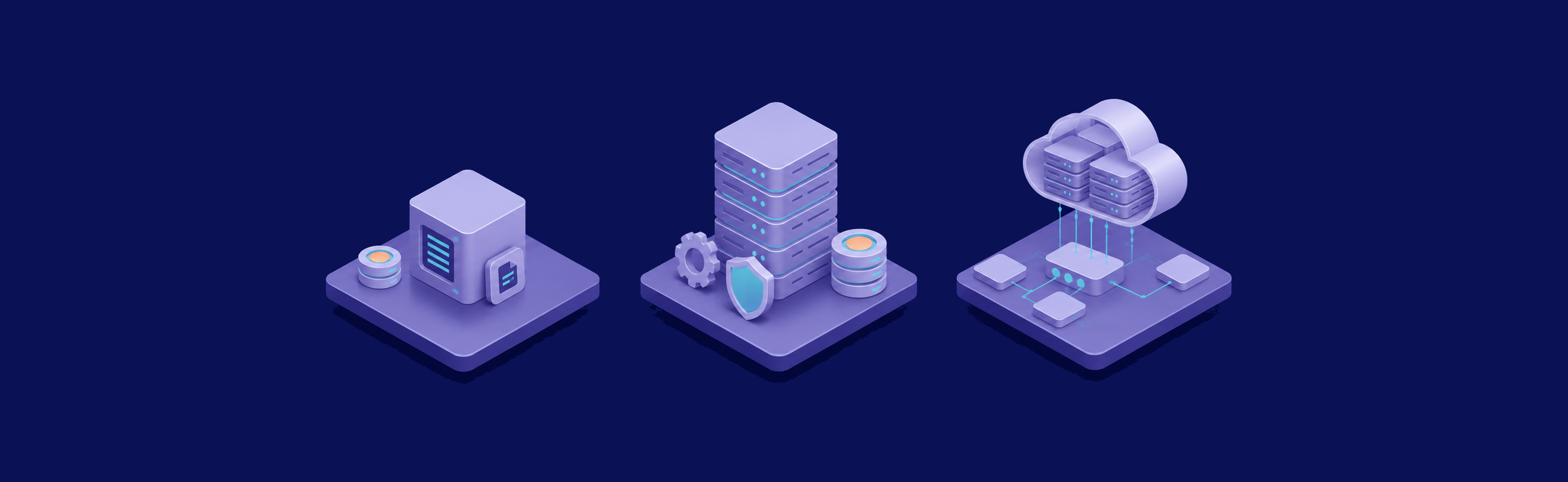 Three isometric database hosting models comparing an embedded app database, a managed VPS database, and a cloud database