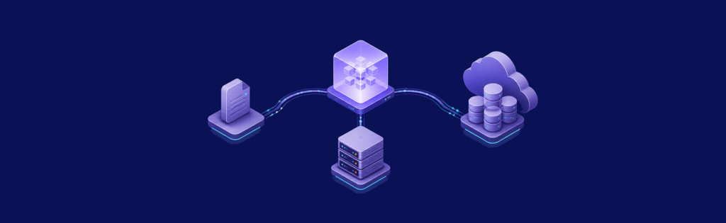 Isometric database options connected to an application and VPS on a dark blue background