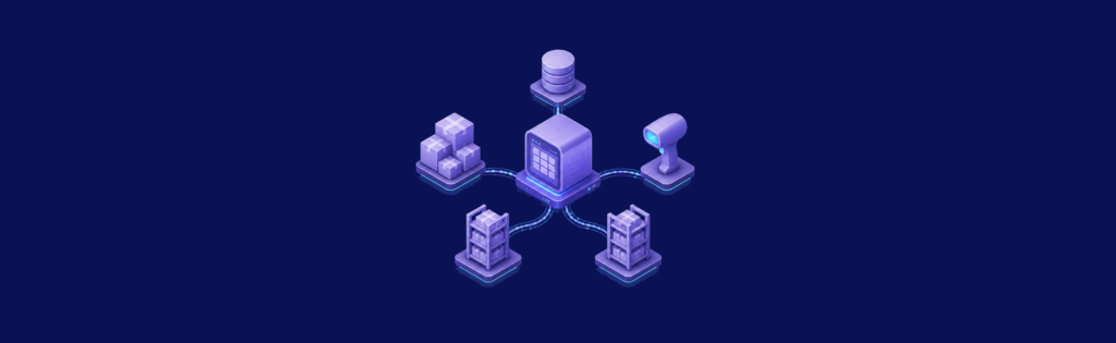 Isometric inventory system connecting warehouse stock, barcode scanning, and a database