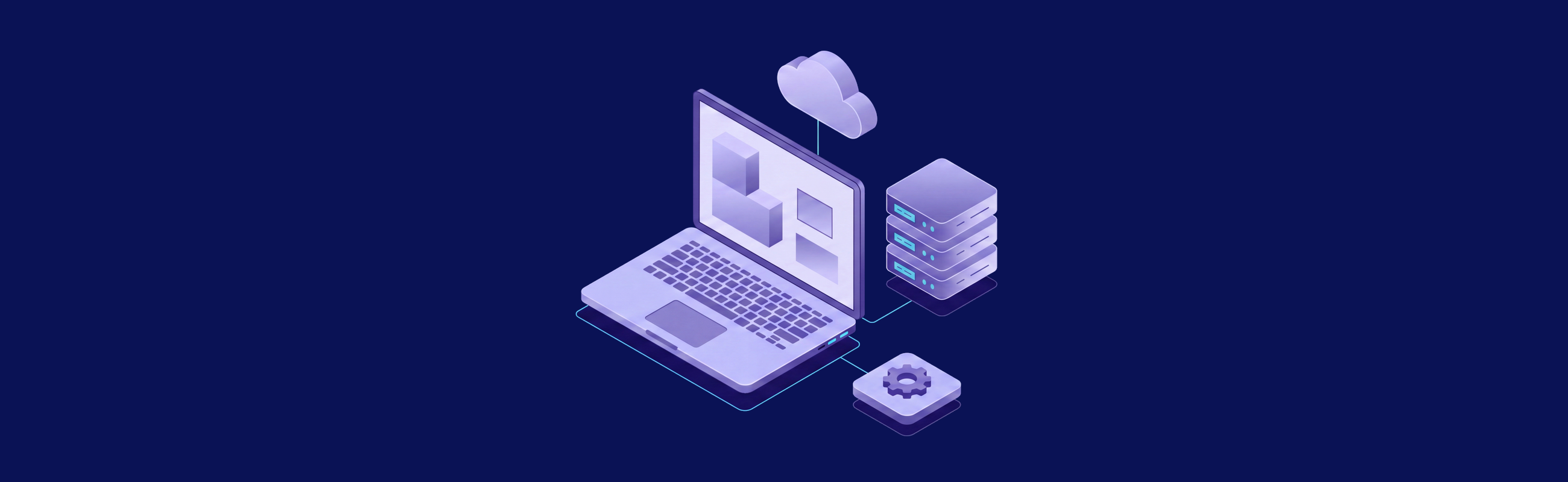 Isometric laptop with a visual application workspace connected to a self-hosted server