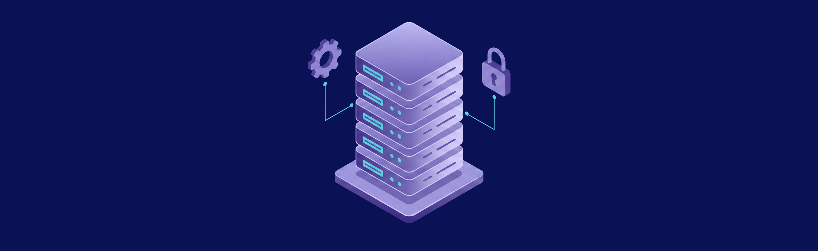 Isometric VPS database server with operations and security symbols on a dark blue background