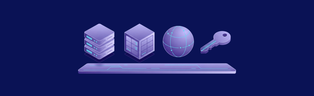 Isometric VPS, container package, globe, and access key illustrating container deployment infrastructure